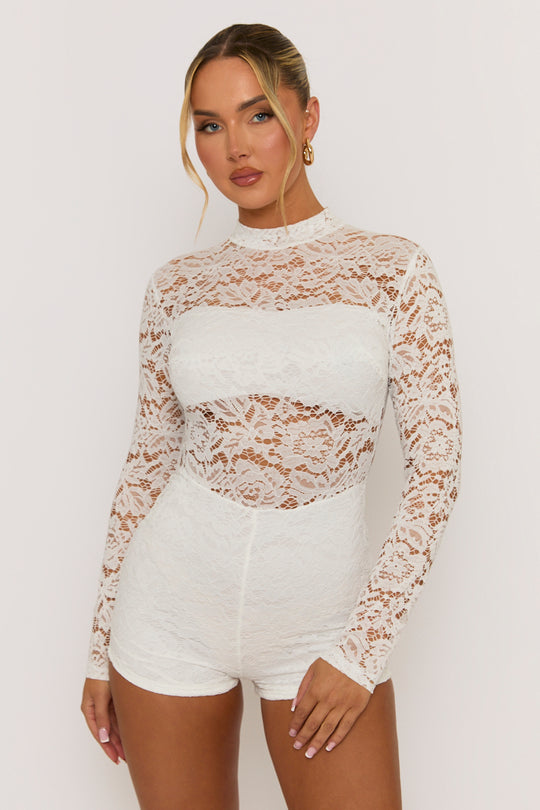 White High Neck Lace Playsuit - Demi