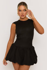 Black Lace Cap Sleeve Puffball Mini Dress - Inga