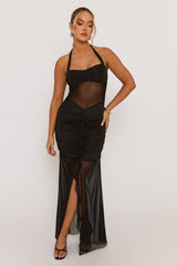 Black Semi Sheer Ruffle Front Mesh Maxi Dress - Arisha