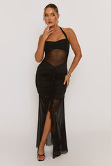 Black Semi Sheer Ruffle Front Mesh Maxi Dress - Arisha