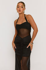 Black Semi Sheer Ruffle Front Mesh Maxi Dress - Arisha