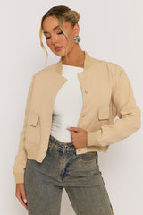Beige Pocket Detail Bomber Jacket - Estelle