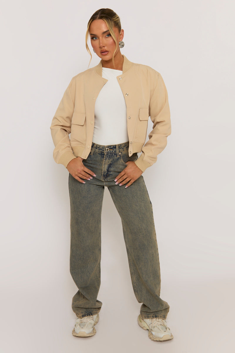 Beige Pocket Detail Bomber Jacket - Estelle