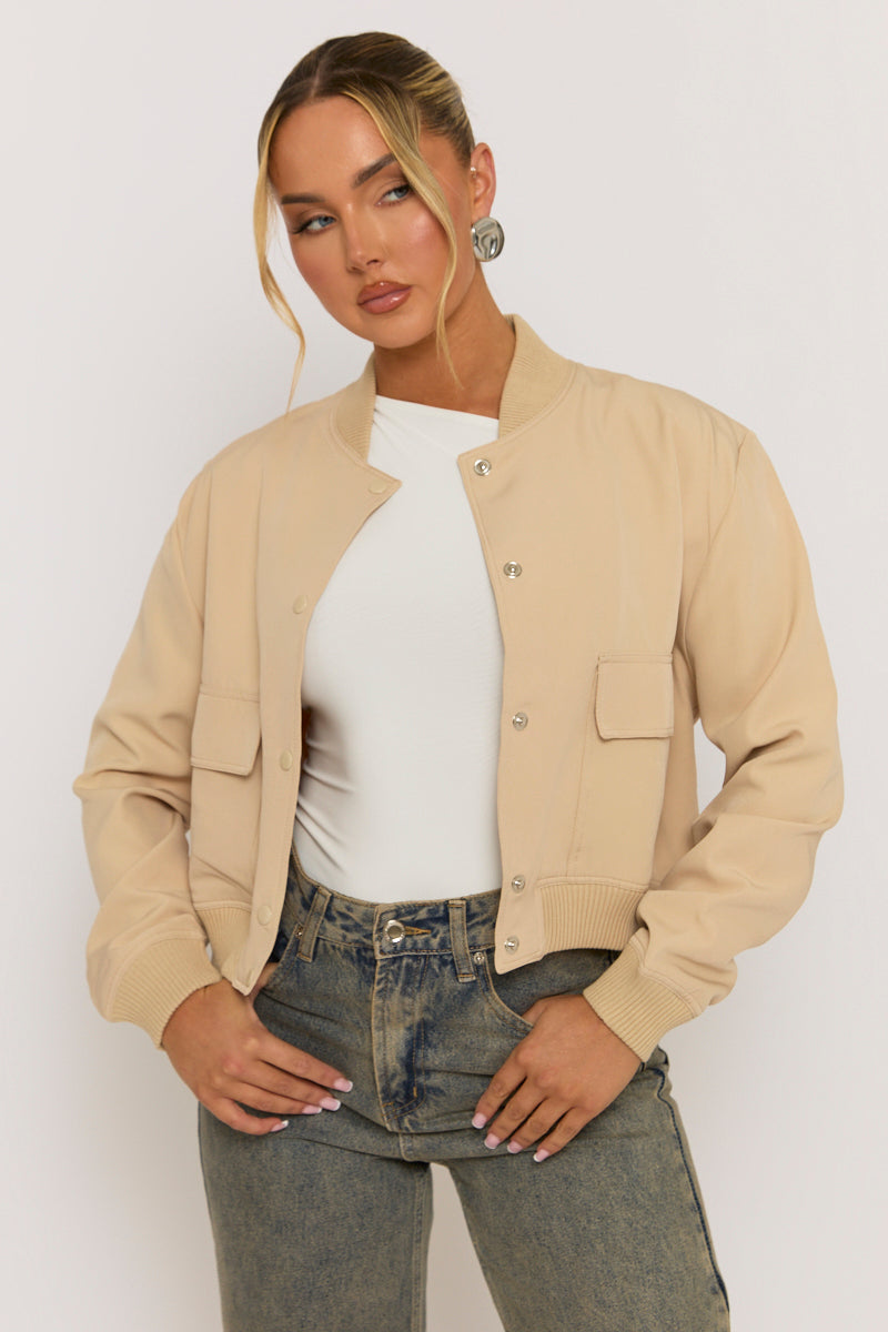 Beige Pocket Detail Bomber Jacket - Estelle