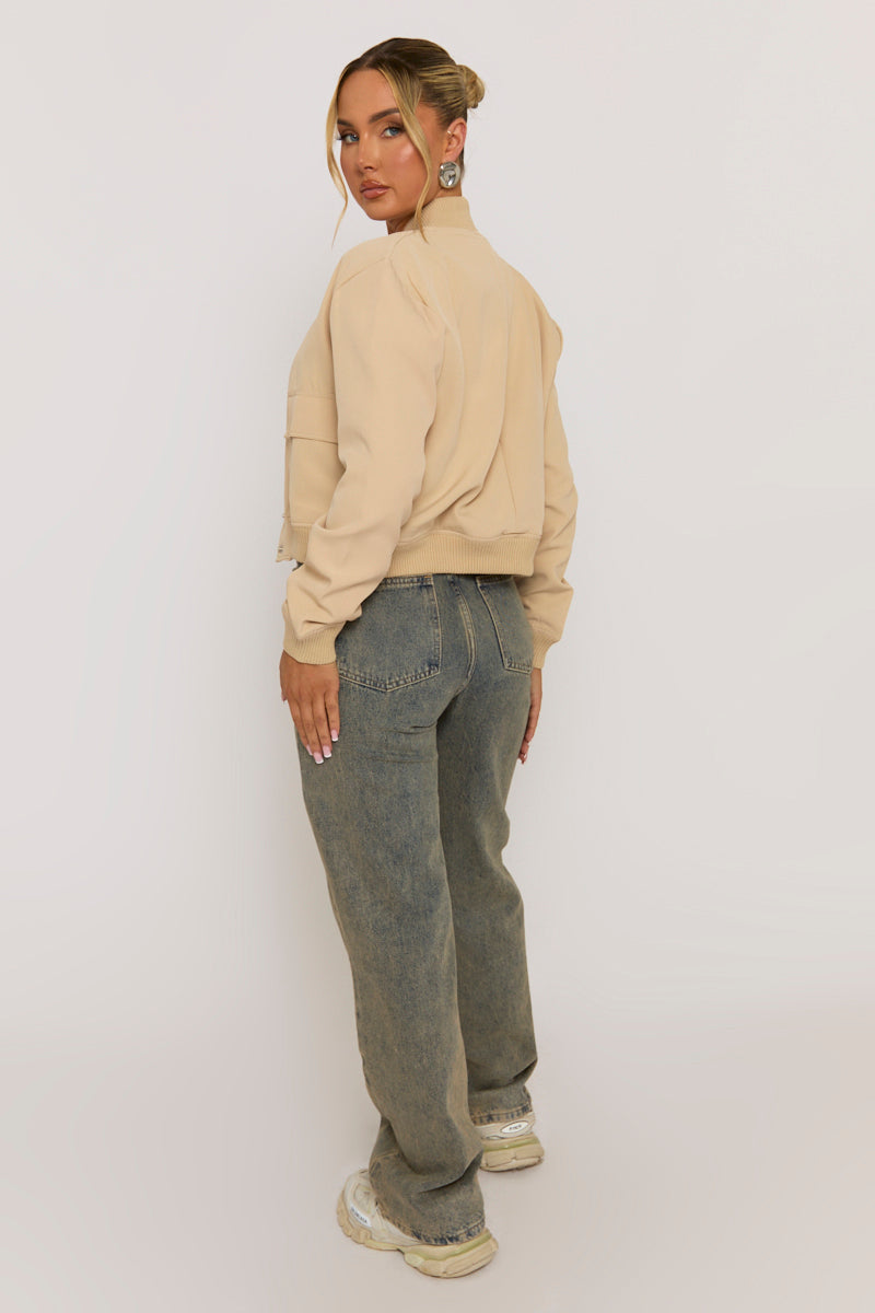 Beige Pocket Detail Bomber Jacket - Estelle