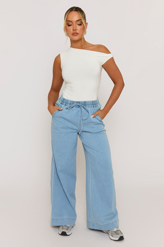 Light Blue Wash Elasticated Waist Wide Leg Jeans - Paddy