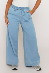 Light Blue Wash Elasticated Waist Wide Leg Jeans - Paddy