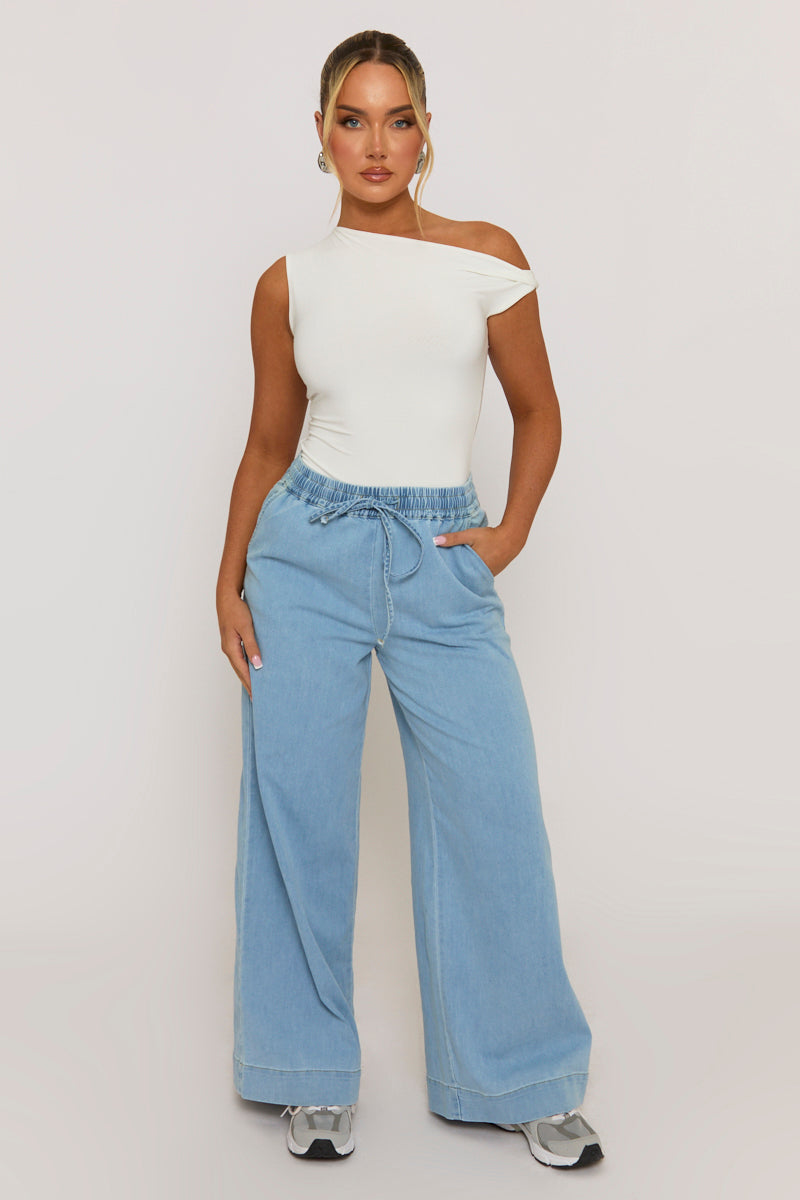 Light Blue Wash Elasticated Waist Wide Leg Jeans - Paddy