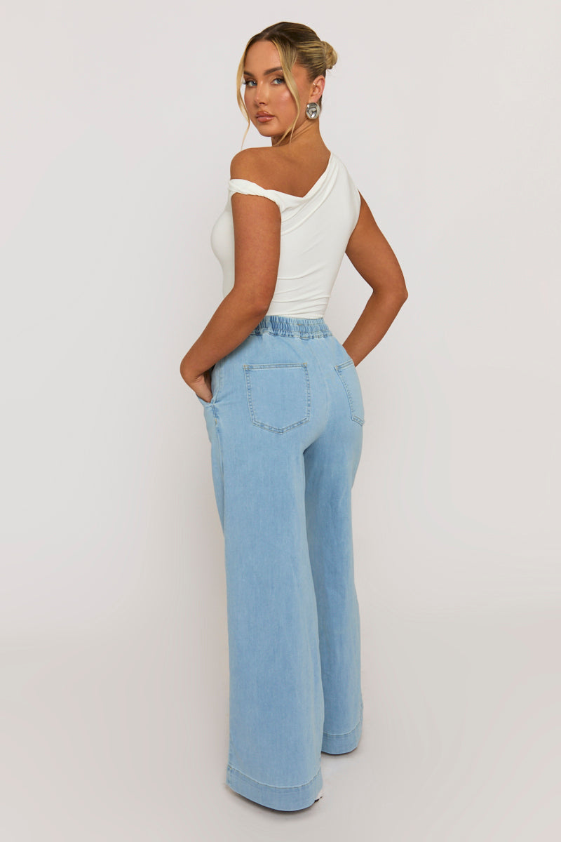 Light Blue Wash Elasticated Waist Wide Leg Jeans - Paddy