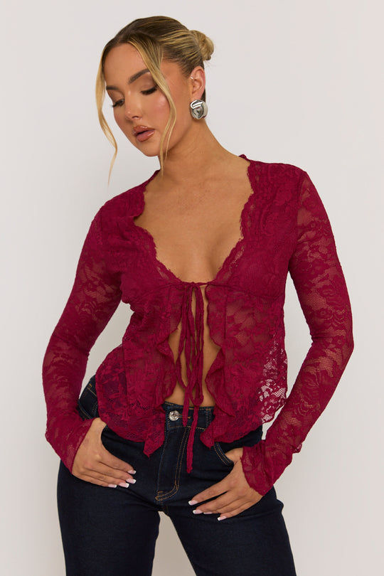 Wine Lace Tie Front Top - Lana