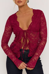 Wine Lace Tie Front Top - Lana
