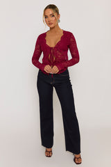Wine Lace Tie Front Top - Lana