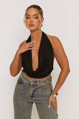 Black Plunge Halter Neck Top - Micah