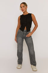 Black Sleeveless Button Up Rib Top - Nikolina