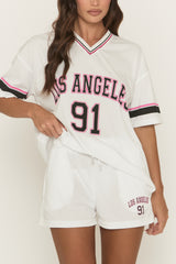 White Oversized Varsity Football T-shirt and Shorts Set - Fiji