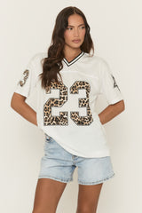 White Leopard Print Oversized Varsity Football T-Shirt - Arla