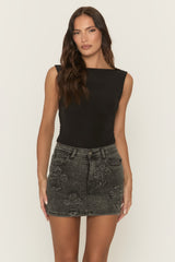 Charcoal Acid Wash Cross Detail Denim Mini Skirt - Jurella
