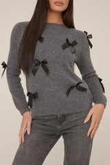 Grey Bow Knitted Jumper - Delaney
