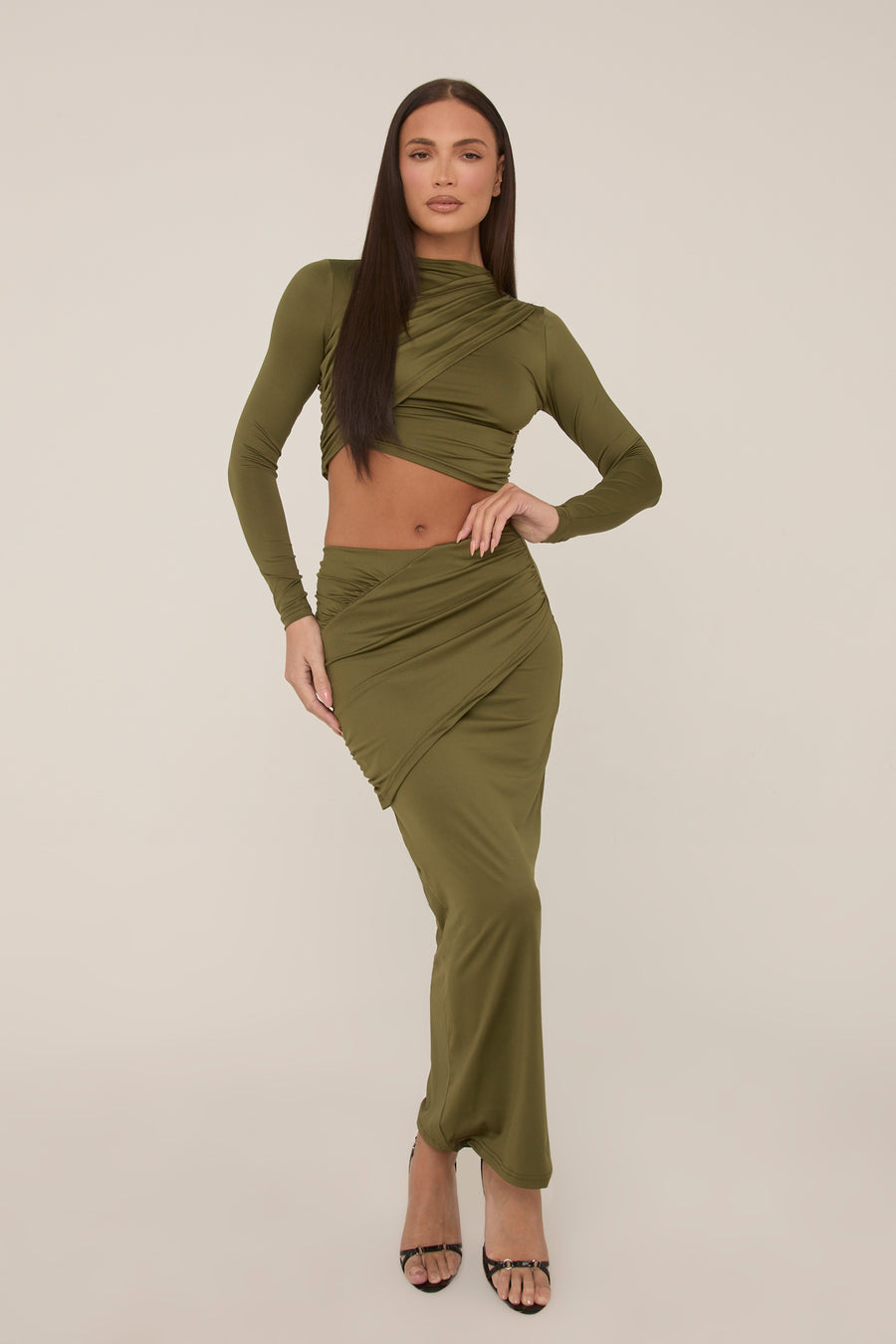 Khaki Wrap Detail Maxi Skirt Co-ord - Eleanor