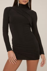 Black Slinky Ruched Wrap Mini Dress - Adalyn