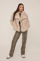 Grey Faux Fur Long Sleeves Oversized Cropped Jacket - Inaya