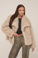 Grey Faux Fur Long Sleeves Oversized Cropped Jacket - Inaya