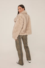 Grey Faux Fur Long Sleeves Oversized Cropped Jacket - Inaya