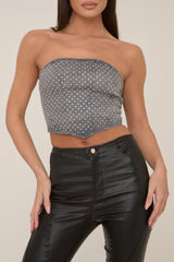 Grey Denim Diamante Embellished Corset Top - Flora