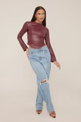 Wine Faux Leather Long Sleeve Top - Storm