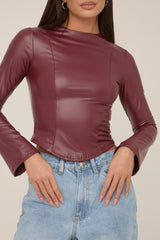 Wine Faux Leather Long Sleeve Top - Storm