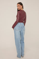 Wine Faux Leather Long Sleeve Top - Storm