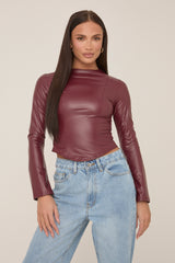 Wine Faux Leather Long Sleeve Top - Storm