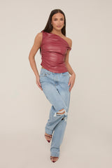 Wine One Shoulder Faux Leather Top - Larissa