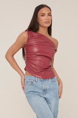 Wine One Shoulder Faux Leather Top - Larissa