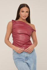 Wine One Shoulder Faux Leather Top - Larissa