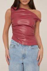 Wine One Shoulder Faux Leather Top - Larissa