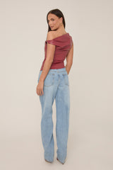 Wine One Shoulder Faux Leather Top - Larissa