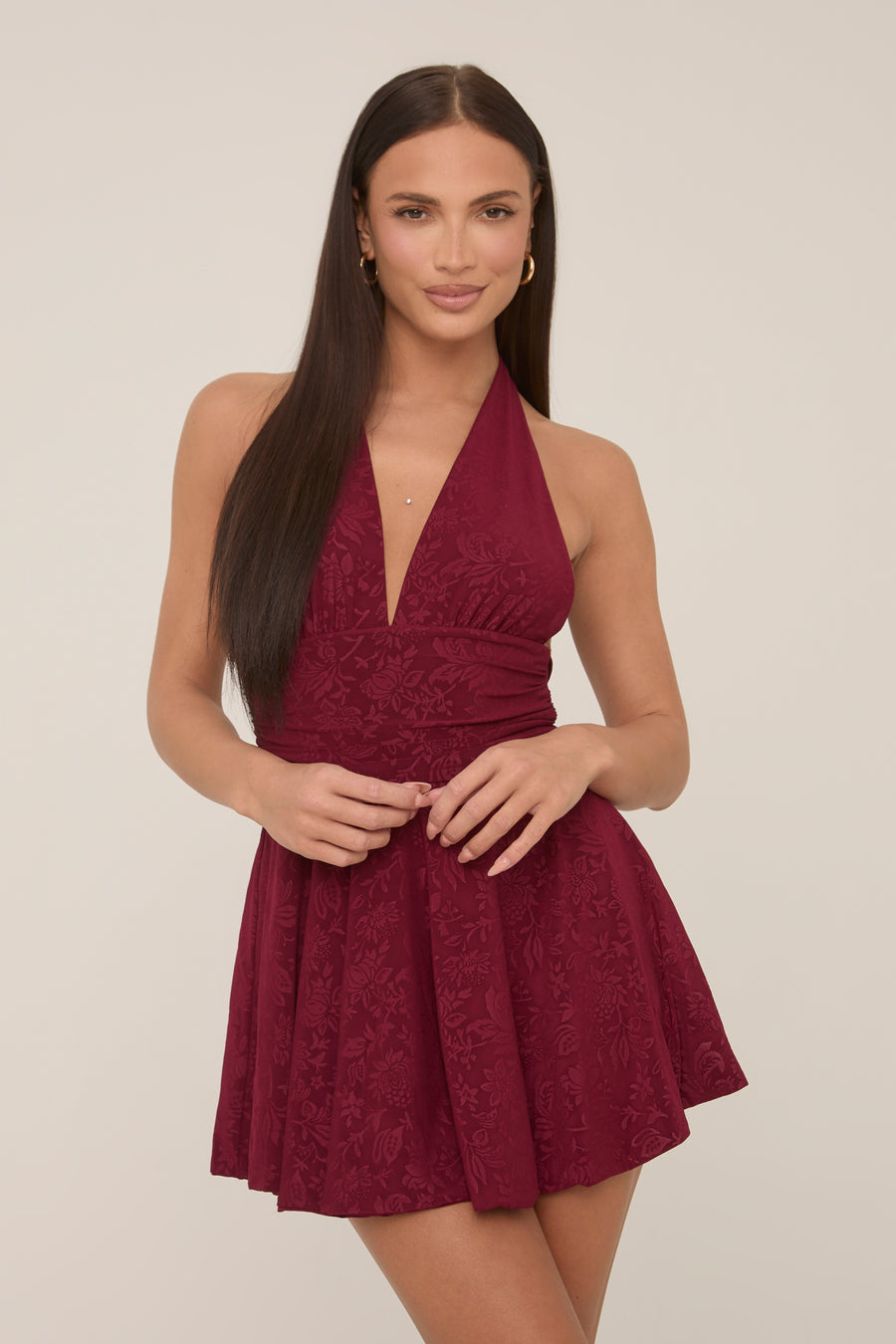 Wine Floral Printed Plunge Halter Mini Dress - Zaynab