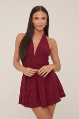 Wine Floral Printed Plunge Halter Mini Dress - Zaynab