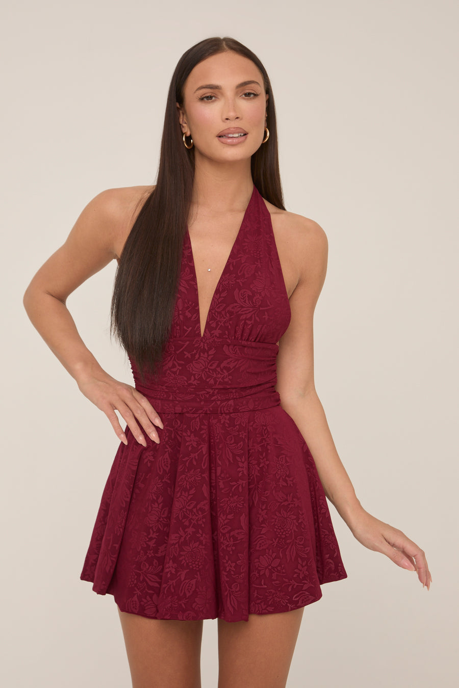 Wine Floral Printed Plunge Halter Mini Dress - Zaynab