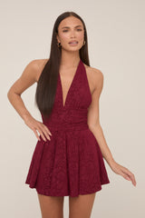 Wine Floral Printed Plunge Halter Mini Dress - Zaynab