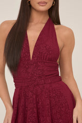 Wine Floral Printed Plunge Halter Mini Dress - Zaynab