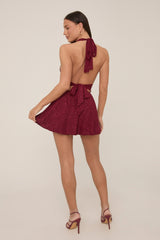 Wine Floral Printed Plunge Halter Mini Dress - Zaynab