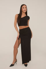 Black Slinky Asymmetric Ruched Maxi Skirt Co-ord - Adele