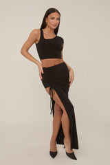 Black Slinky Asymmetric Ruched Maxi Skirt Co-ord - Adele