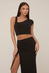 Black Slinky Asymmetric Ruched Maxi Skirt Co-ord - Adele