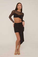 Black Slinky and Mesh Mini Skirt Co-Ord - Adaline
