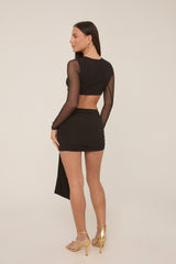 Black Slinky and Mesh Mini Skirt Co-Ord - Adaline