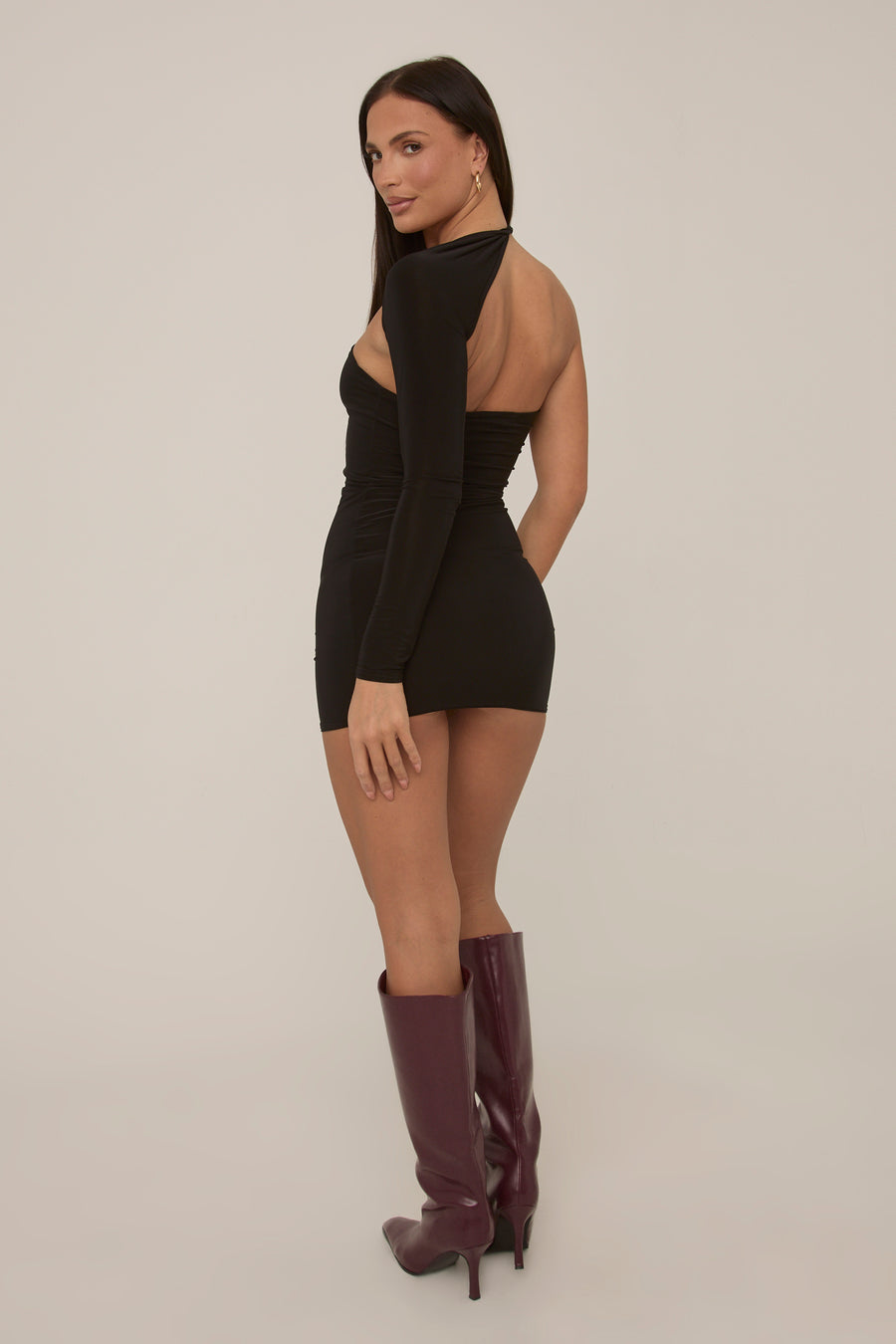 Black Slinky One Sleeve Mini Dress- Yoona