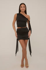 Black Tie Detail Off Shoulder Mesh Top Mini Skirt Set - Rubina